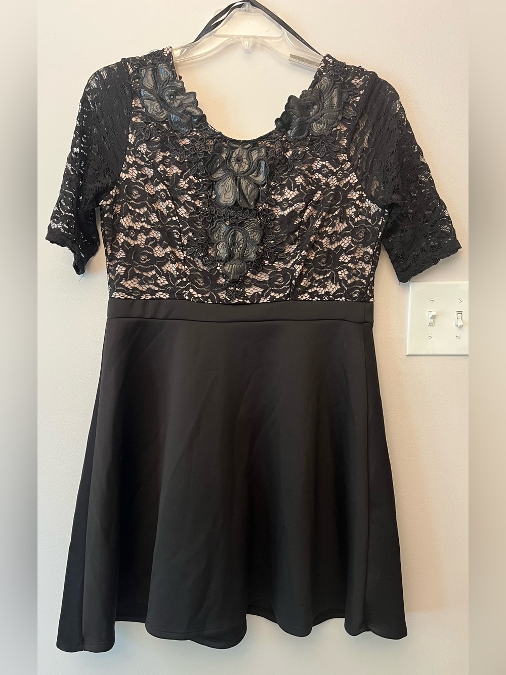 Fifth and Park Black Lace Faux Leather Flower Dress Size 12